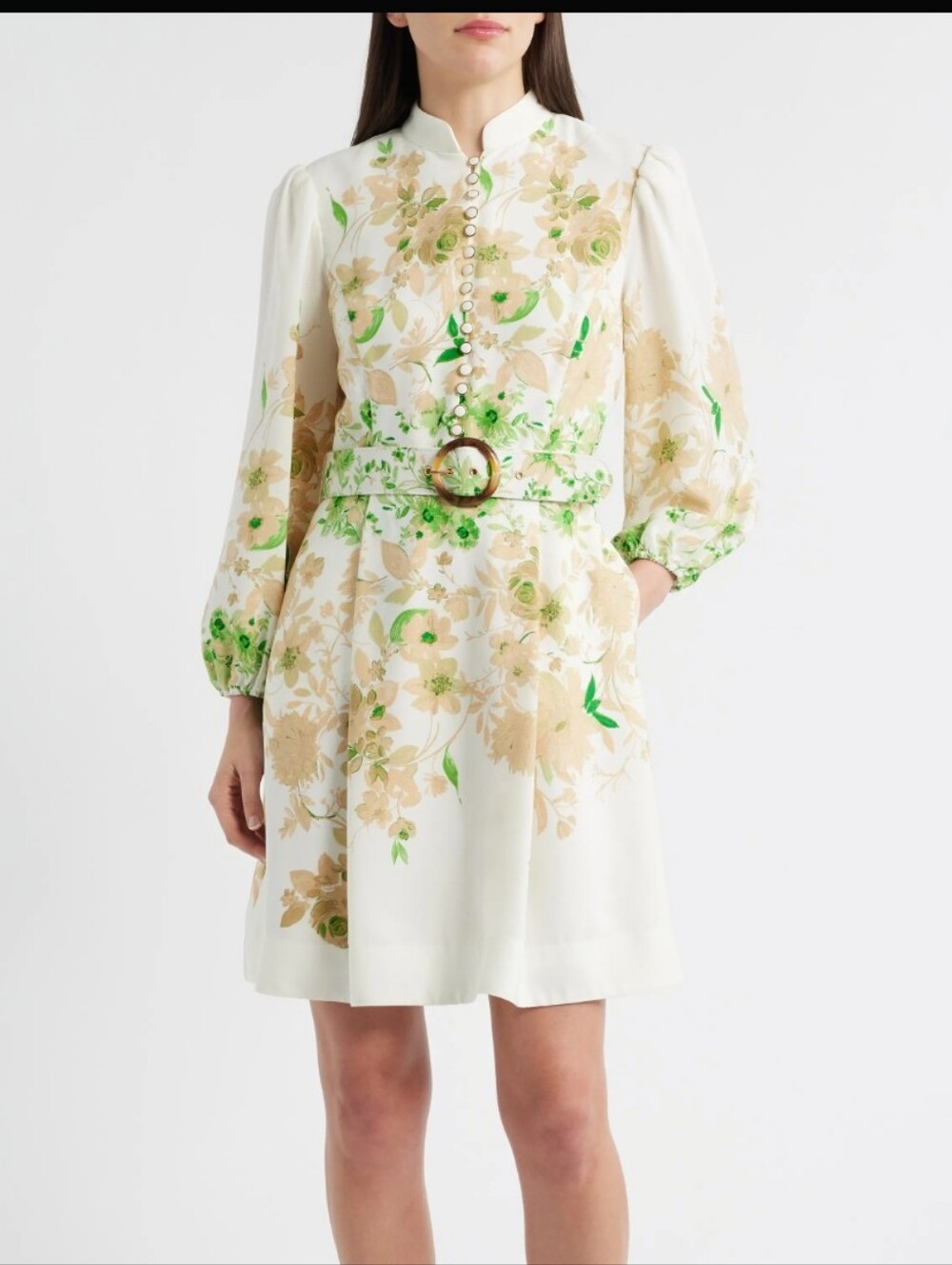 Tahari ASL Size 14 Ivory Green Floral Fit & Flare Dress NWT $169 Button Front Up